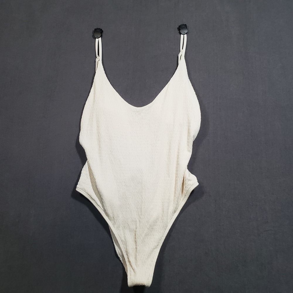Aerie One Piece Swimsuit Womens Large Cream Smocked Textured V-Neck Low Back